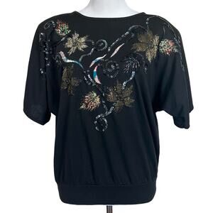 Vintage 80s 90s Women’s Top Embellished Sequin Beads Shoulder Pads Uno Una Sz L